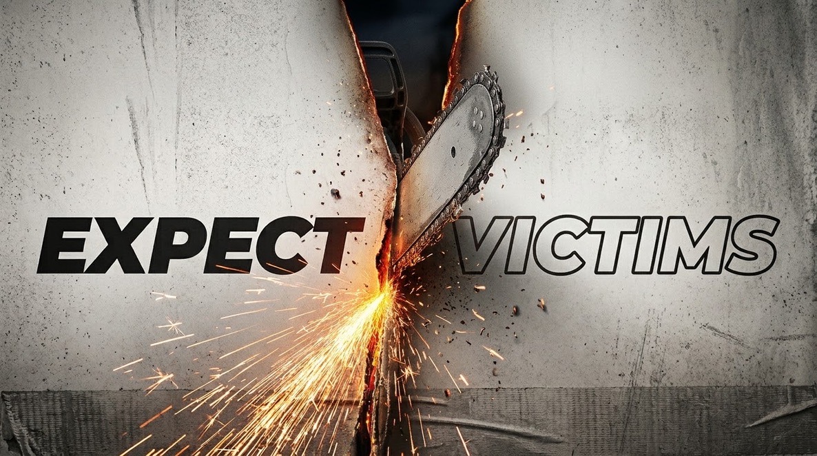 Expect Victims key art: a rescue saw cutting through a concrete wall, sparks throwing across the cut.